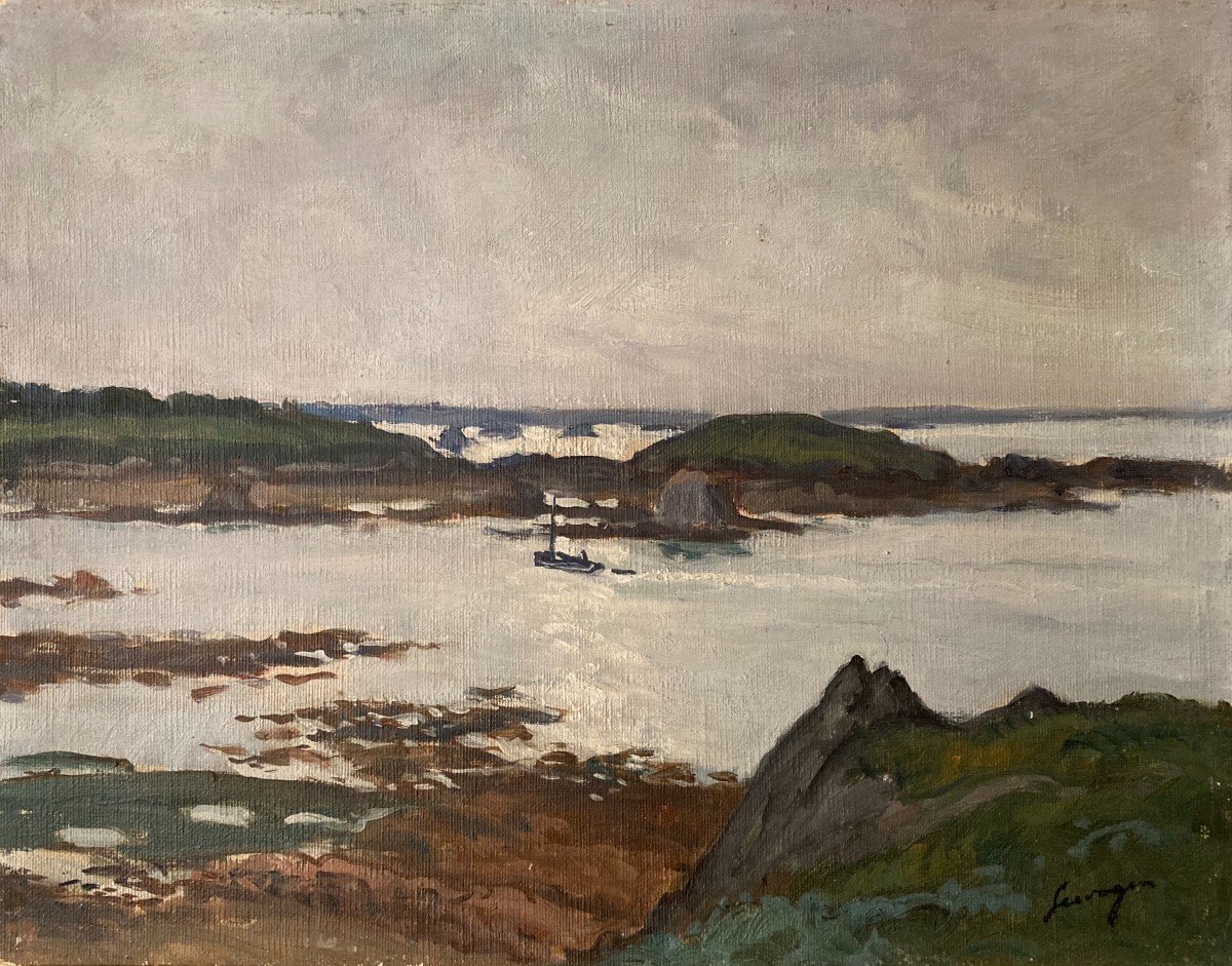 Lucien SEEVAGEN (1887-1959), Vue du Kerpont à Bréhat, Marine à l'huile sur toile cartonnée