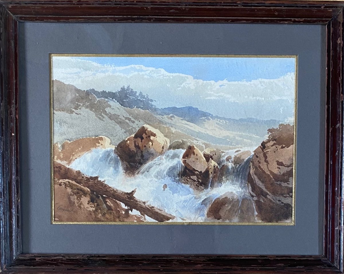 Jules COIGNET (1798-1860), Torrent Dans Les Alpes, Aquarelle Et Lavis d'Encre Brune
