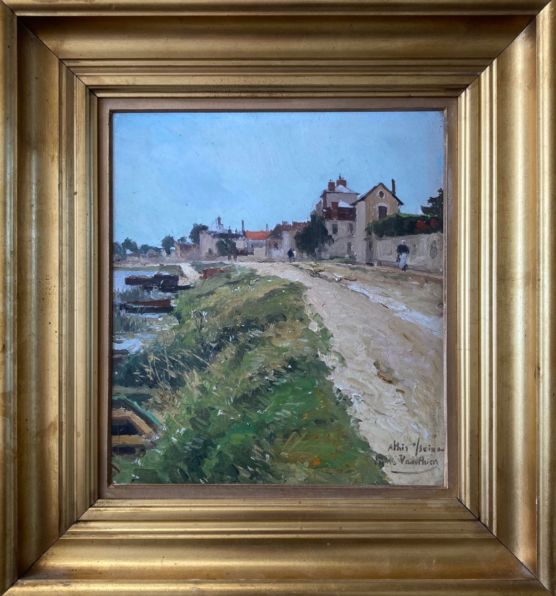 Pierre VAUTHIER (1845-1916), Paysage impressioniste Vue d'Athis-sur-seine, Huile Sur Panneau