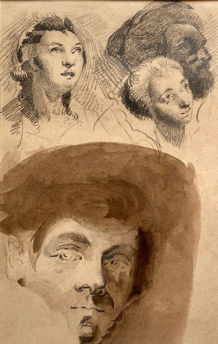 Alexandre-marie Colin (1798-1875) Attributed To, Various Head Studies, Delacroix, Drawing Lead Pencil Ink Wash-photo-3