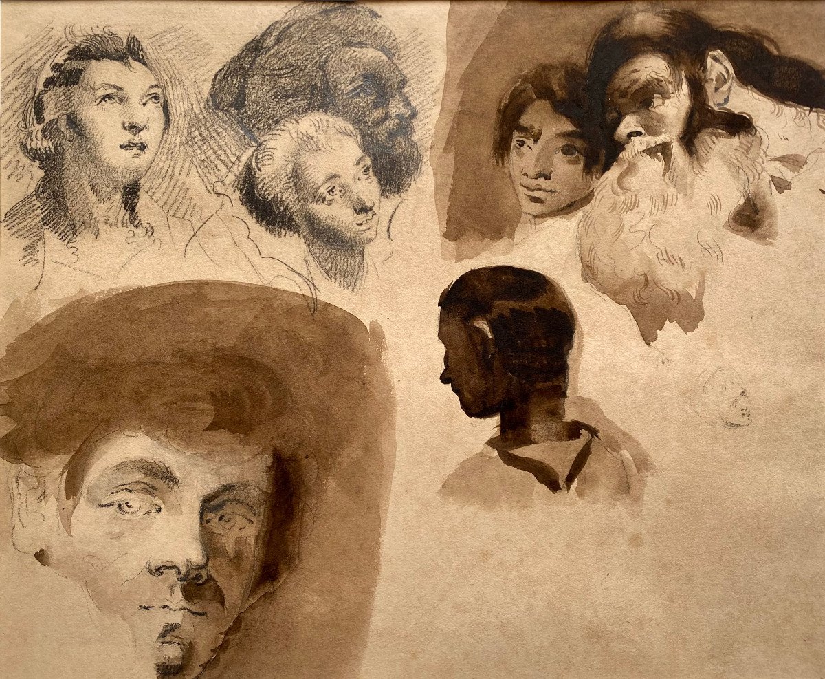 Alexandre-marie Colin (1798-1875) Attributed To, Various Head Studies, Delacroix, Drawing Lead Pencil Ink Wash