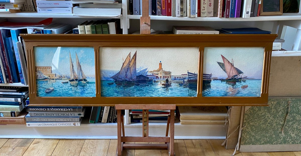 Alphonse Rey (1864-1936), View Of The Admiralty Of The Port Of Algiers, Large Watercolor Triptych-photo-3