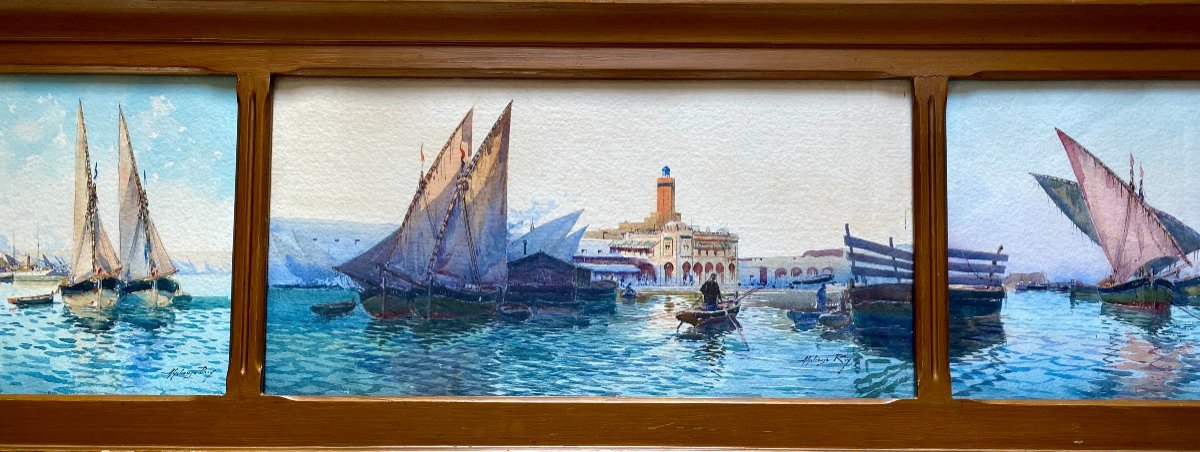 Alphonse REY (1864-1936), Vue De l'Amirauté Du Port d'Alger, Grand Triptyque d'Aquarelles.-photo-2