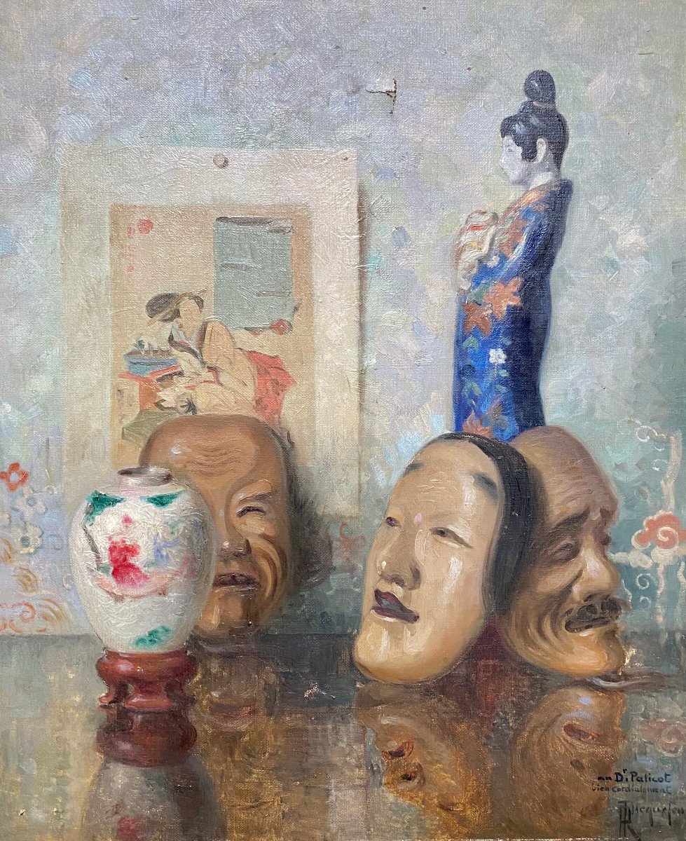 Roger-françois Picquefeu (1864-1956), Japonist Still Life With Noh Masks, Oil On Canvas