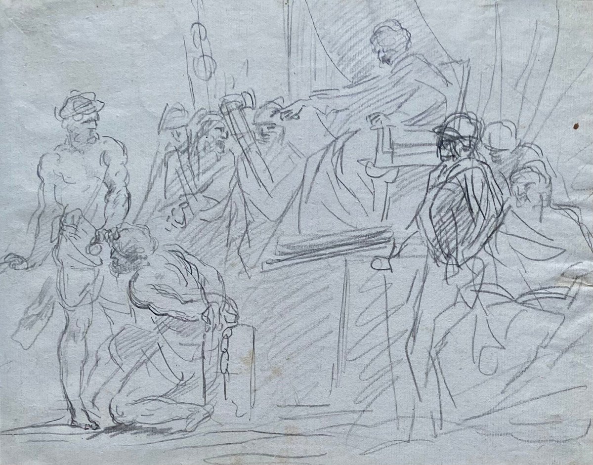École Italienne vers 1700, Scène de Décollation Devant Un Roi Trônant, Crayon Noir