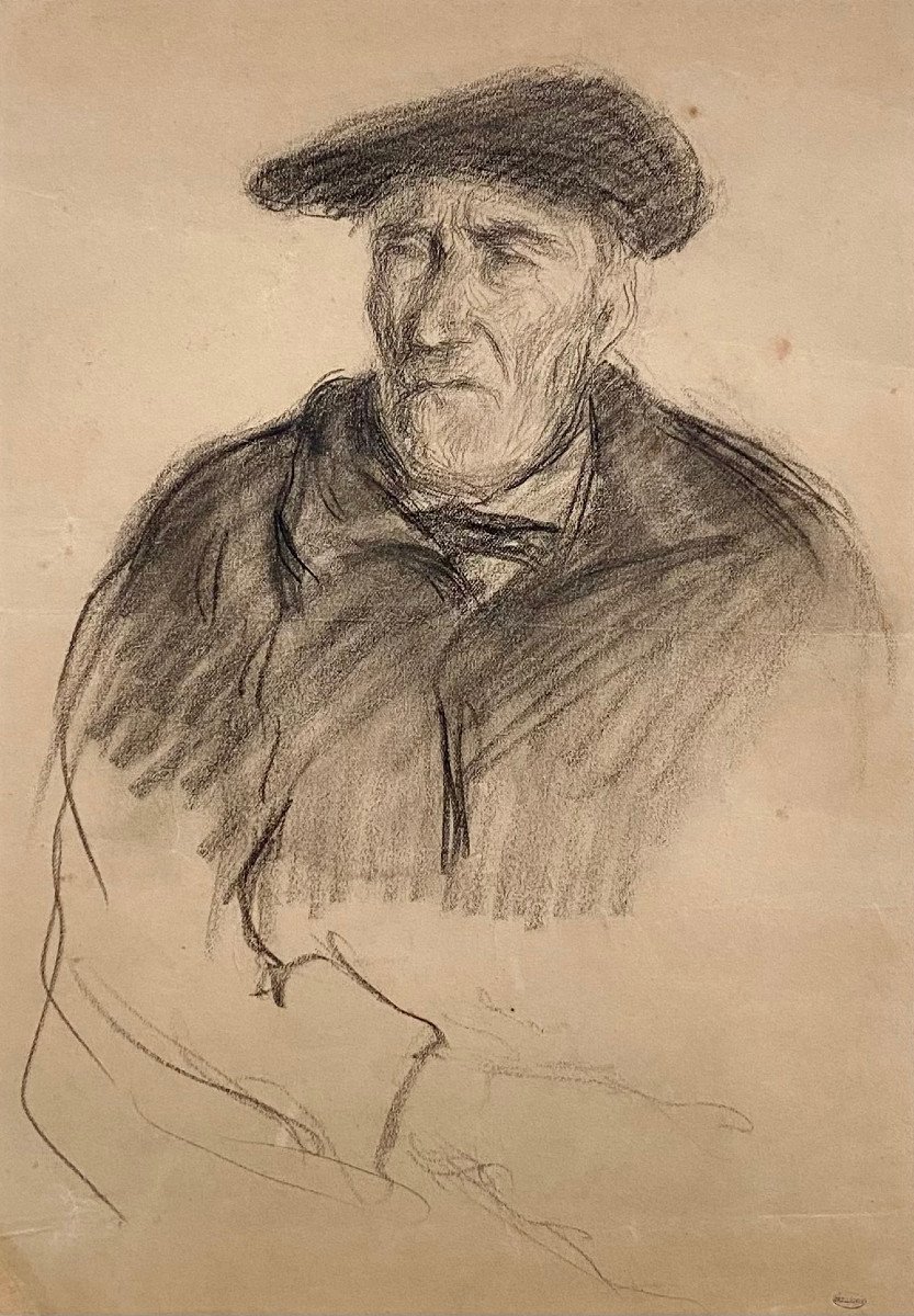 Jean Frélaut (1879-1954), Portrait Of A Breton, Charcoal Drawing, Charles Martyne Collection-photo-2