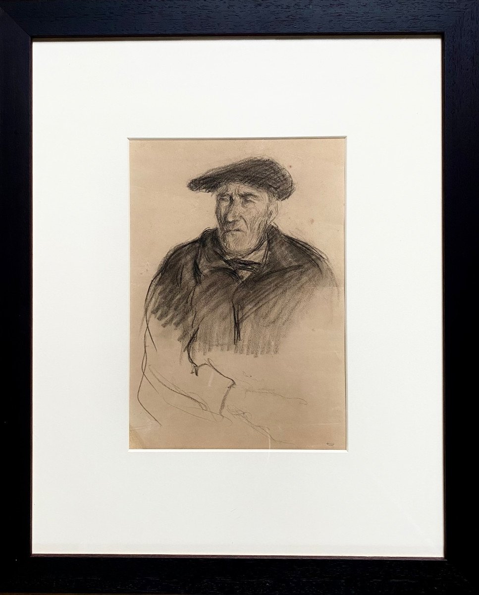 Jean Frélaut (1879-1954), Portrait Of A Breton, Charcoal Drawing, Charles Martyne Collection