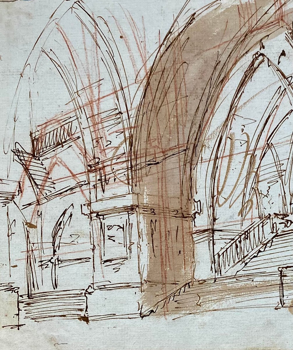 École Piranésienne du XVIIIe siècle, Caprice architectural,Plume et encre brune, Sanguine-photo-2