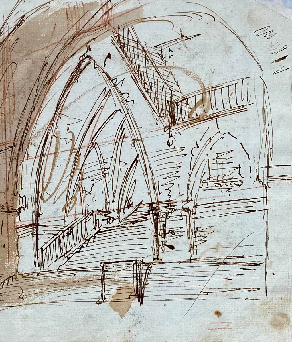 École Piranésienne du XVIIIe siècle, Caprice architectural,Plume et encre brune, Sanguine-photo-3