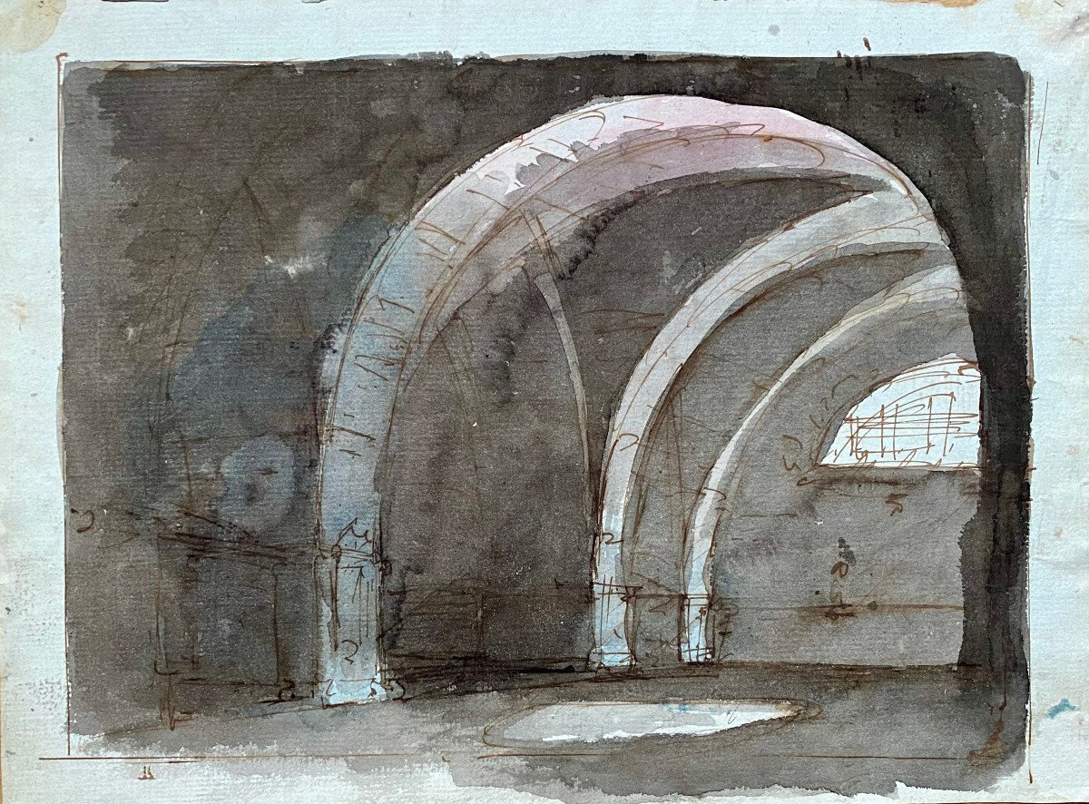 École Italienne du XVIIIe, Architecture imaginaire, Recto-Verso, plume et encre brune Lavis-photo-2