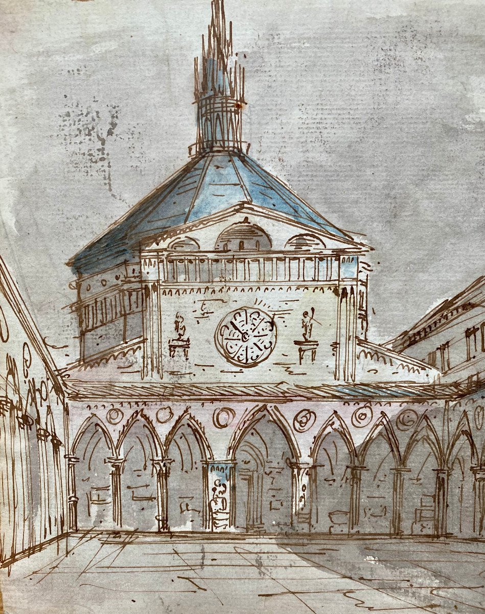 École Italienne du XVIIIe, Architecture imaginaire, Recto-Verso, plume et encre brune Lavis-photo-1