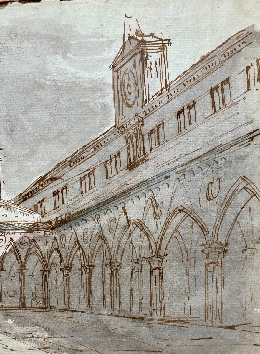 École Italienne du XVIIIe, Architecture imaginaire, Recto-Verso, plume et encre brune Lavis-photo-2