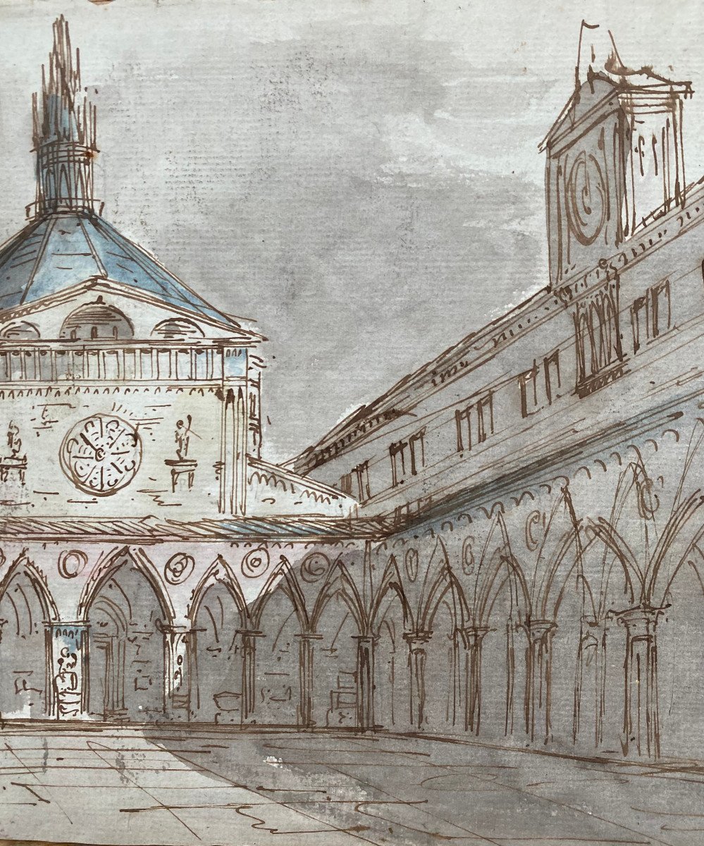 École Italienne du XVIIIe, Architecture imaginaire, Recto-Verso, plume et encre brune Lavis-photo-3