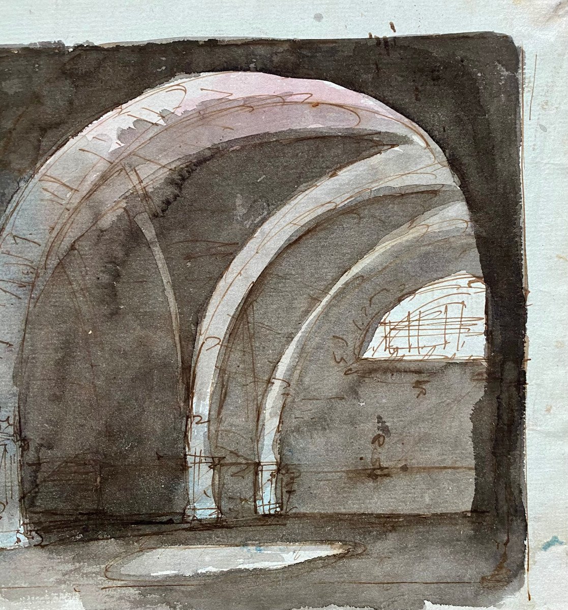 École Italienne du XVIIIe, Architecture imaginaire, Recto-Verso, plume et encre brune Lavis-photo-4