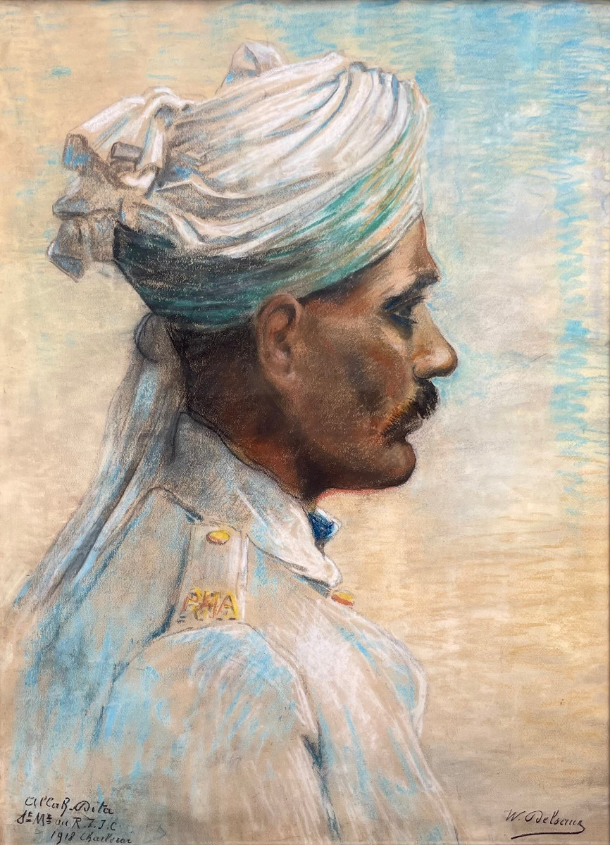 Willem DELSAUX (1862-1945)  Portrait d'Un Soldat Indien , Signé Et Daté 1918, Grand Pastel-photo-2