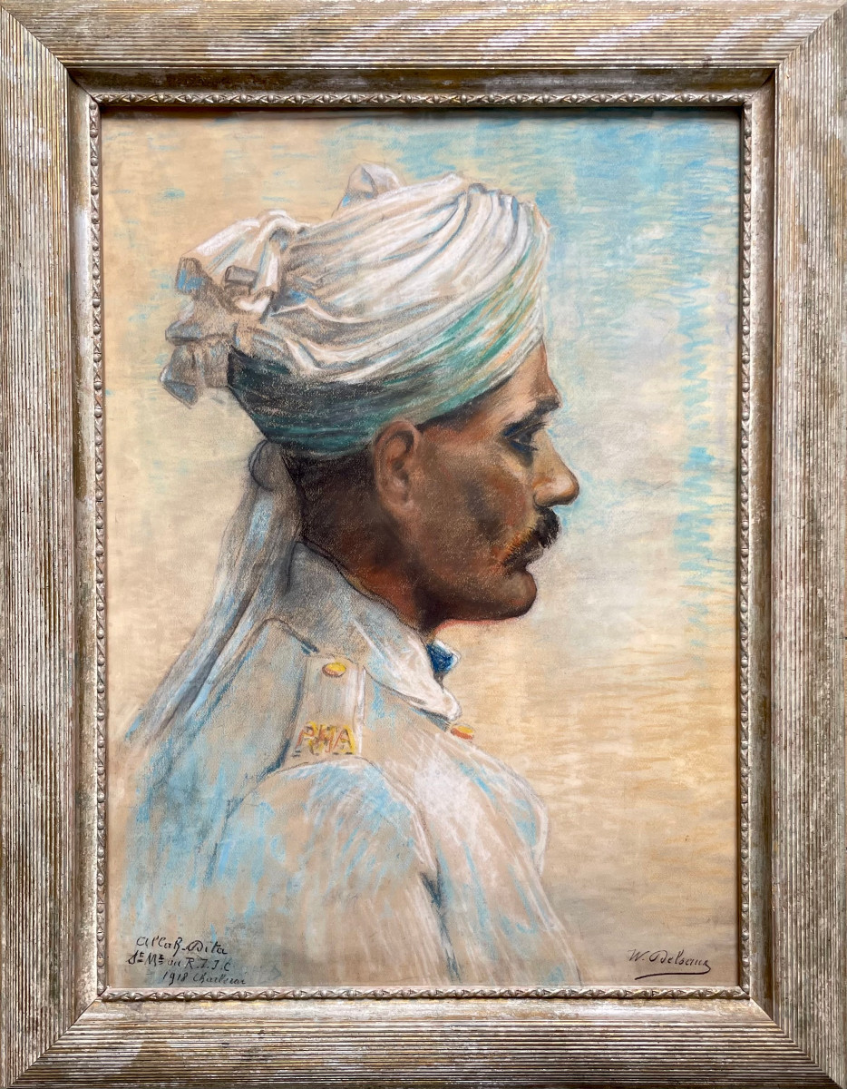 Willem DELSAUX (1862-1945)  Portrait d'Un Soldat Indien , Signé Et Daté 1918, Grand Pastel