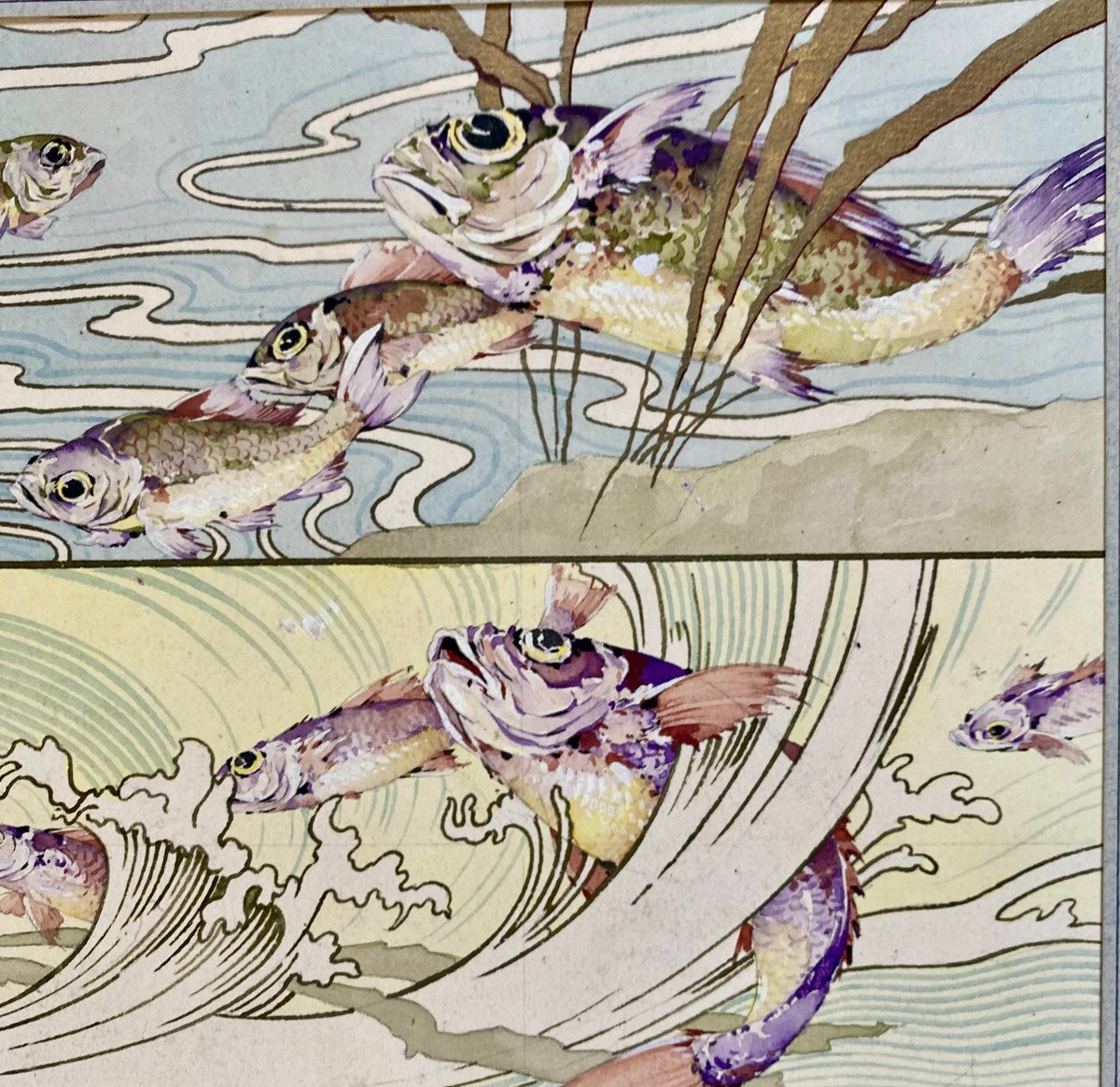 Jules Habert DYS (1850-1930), Fantaisies Aquatiques, Aquarelle, Encre Et Gouache Doré, 1885-photo-1