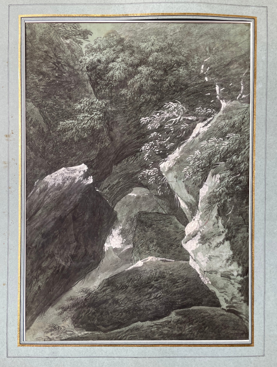 Michel MANDEVARE (1760-1829) Torrent en montagne, Pierre noir et gouache blanche -photo-2