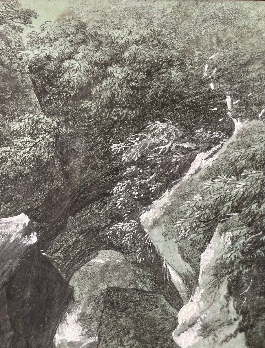 Michel MANDEVARE (1760-1829) Torrent en montagne, Pierre noir et gouache blanche -photo-2
