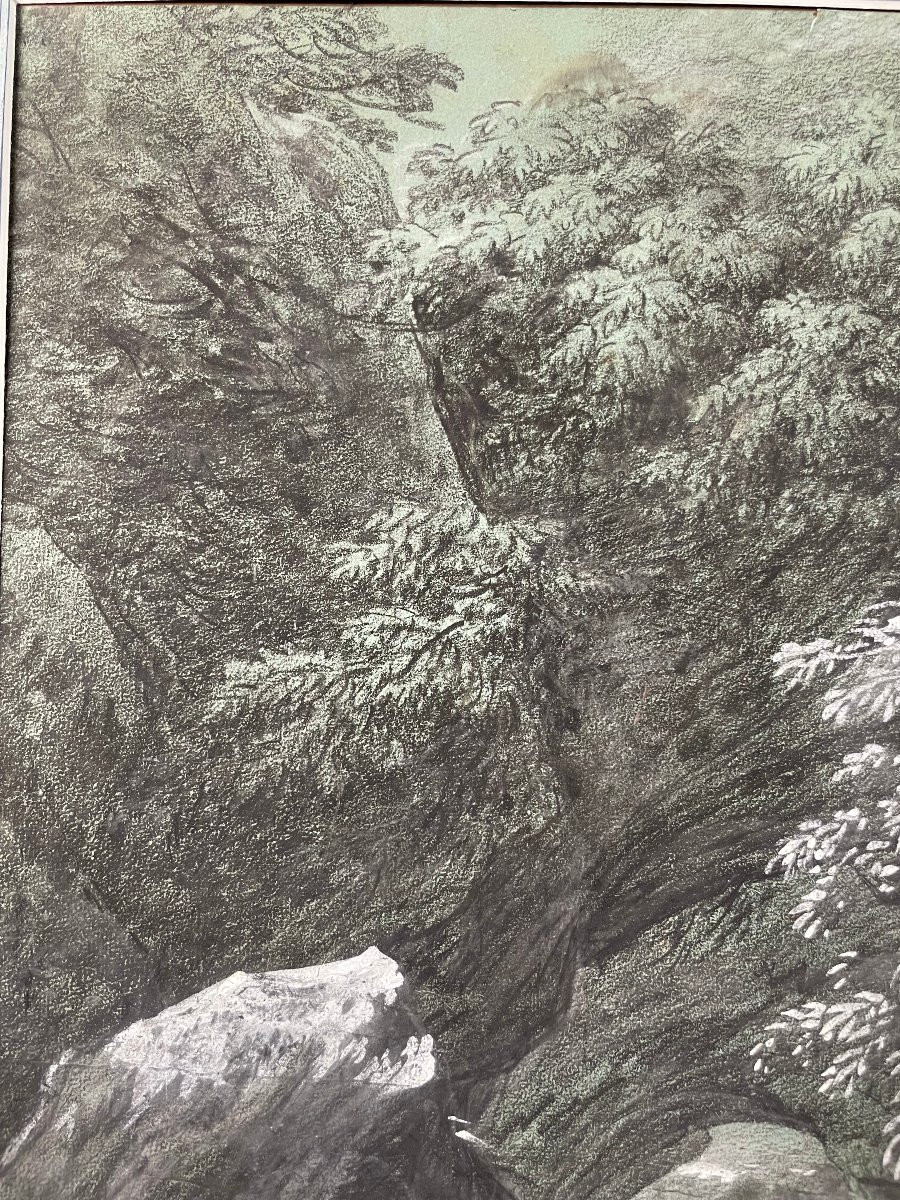 Michel MANDEVARE (1760-1829) Torrent en montagne, Pierre noir et gouache blanche -photo-3