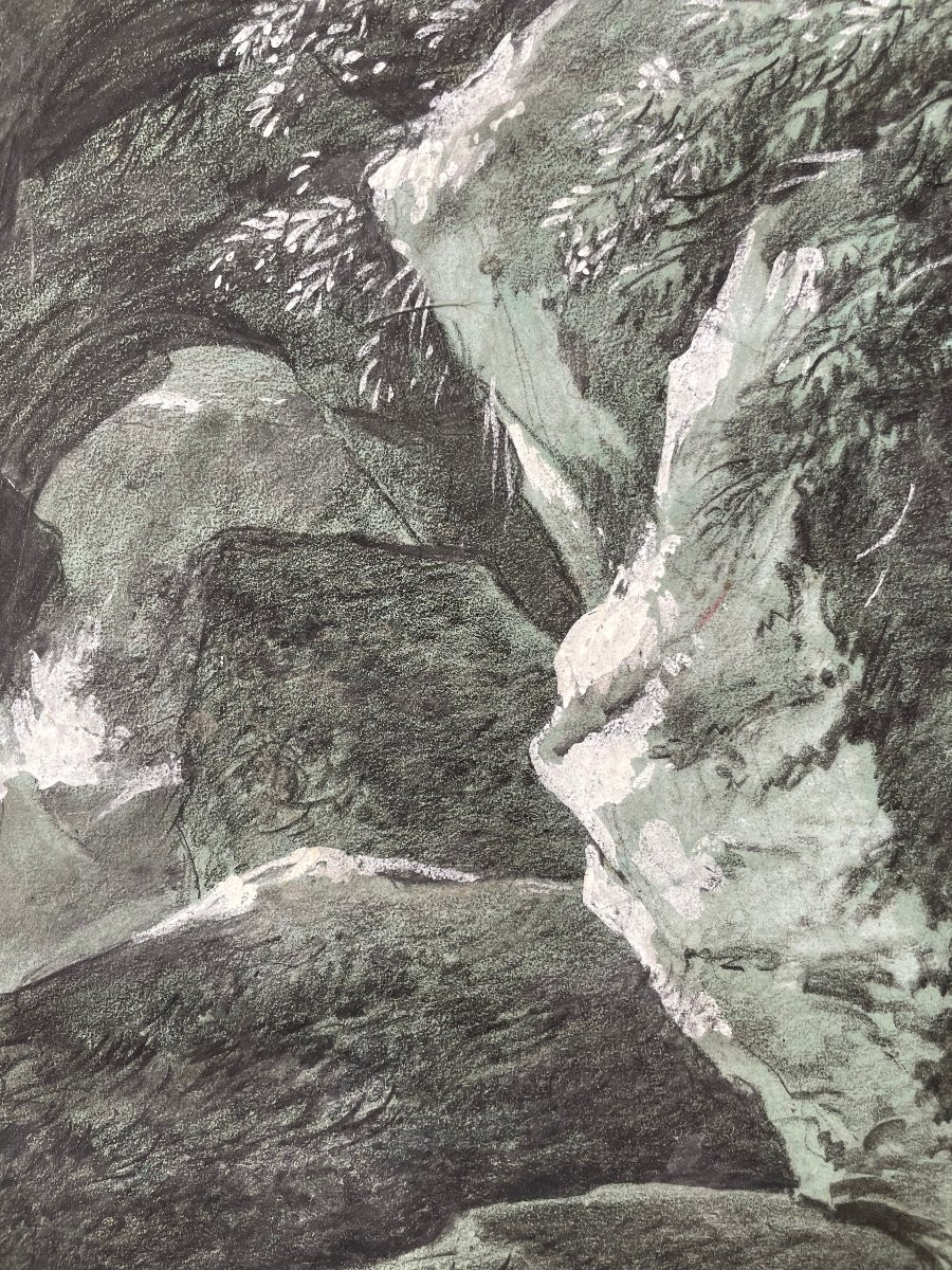 Michel MANDEVARE (1760-1829) Torrent en montagne, Pierre noir et gouache blanche -photo-4