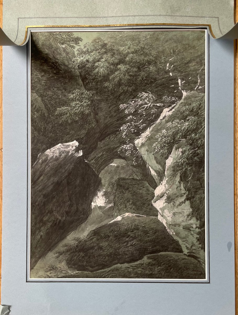 Michel MANDEVARE (1760-1829) Torrent en montagne, Pierre noir et gouache blanche -photo-6