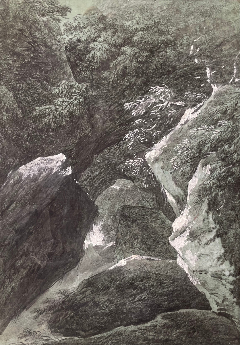 Michel MANDEVARE (1760-1829) Torrent en montagne, Pierre noir et gouache blanche 