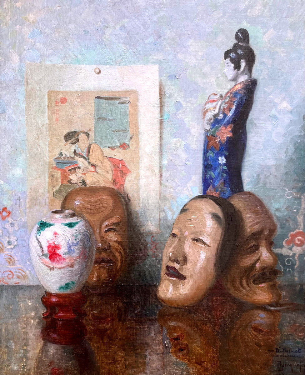 Roger-françois Picquefeu (1864-1956), Japanese Still Life With Noh Masks, Oil On Canvas-photo-2
