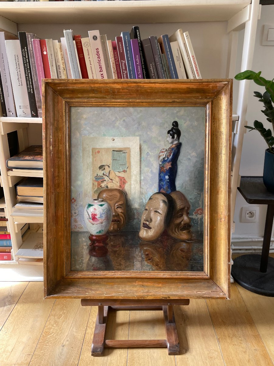 Roger-françois Picquefeu (1864-1956), Japanese Still Life With Noh Masks, Oil On Canvas-photo-3