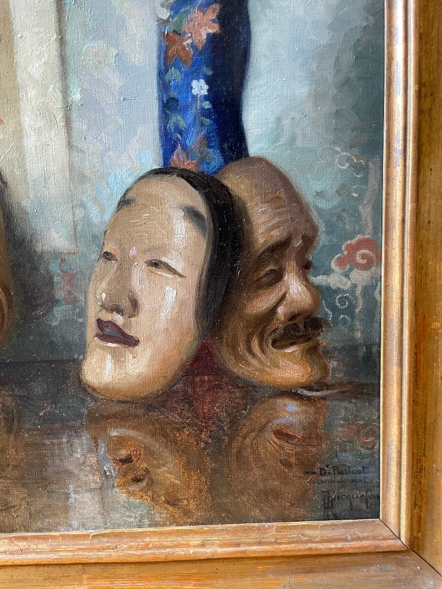 Roger-françois Picquefeu (1864-1956), Japanese Still Life With Noh Masks, Oil On Canvas-photo-2