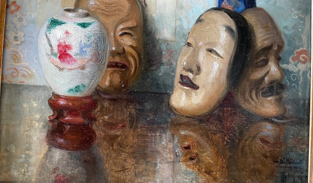 Roger-françois Picquefeu (1864-1956), Japanese Still Life With Noh Masks, Oil On Canvas-photo-5