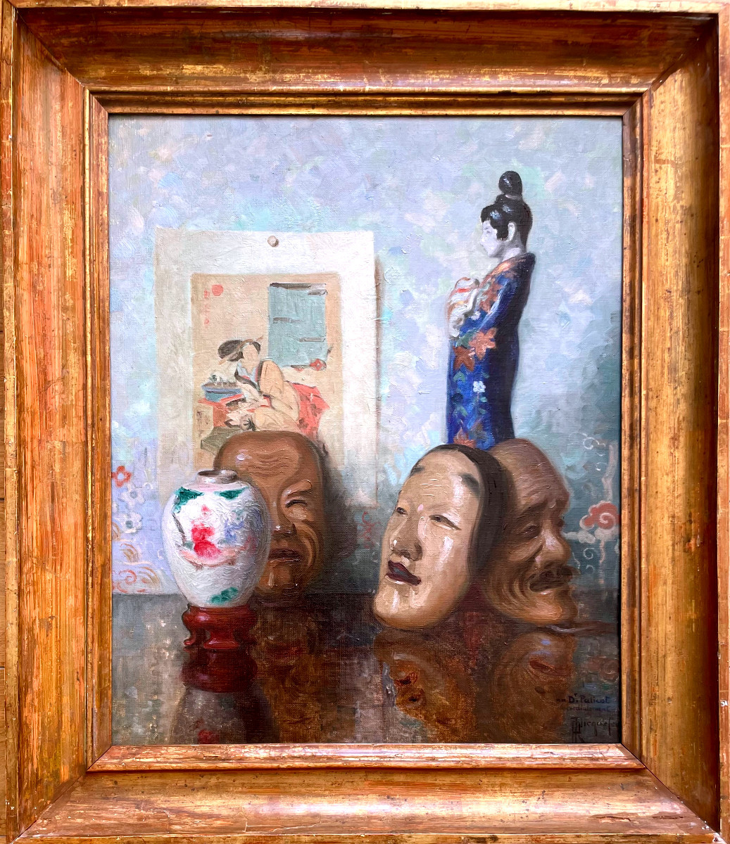Roger-françois Picquefeu (1864-1956), Japanese Still Life With Noh Masks, Oil On Canvas