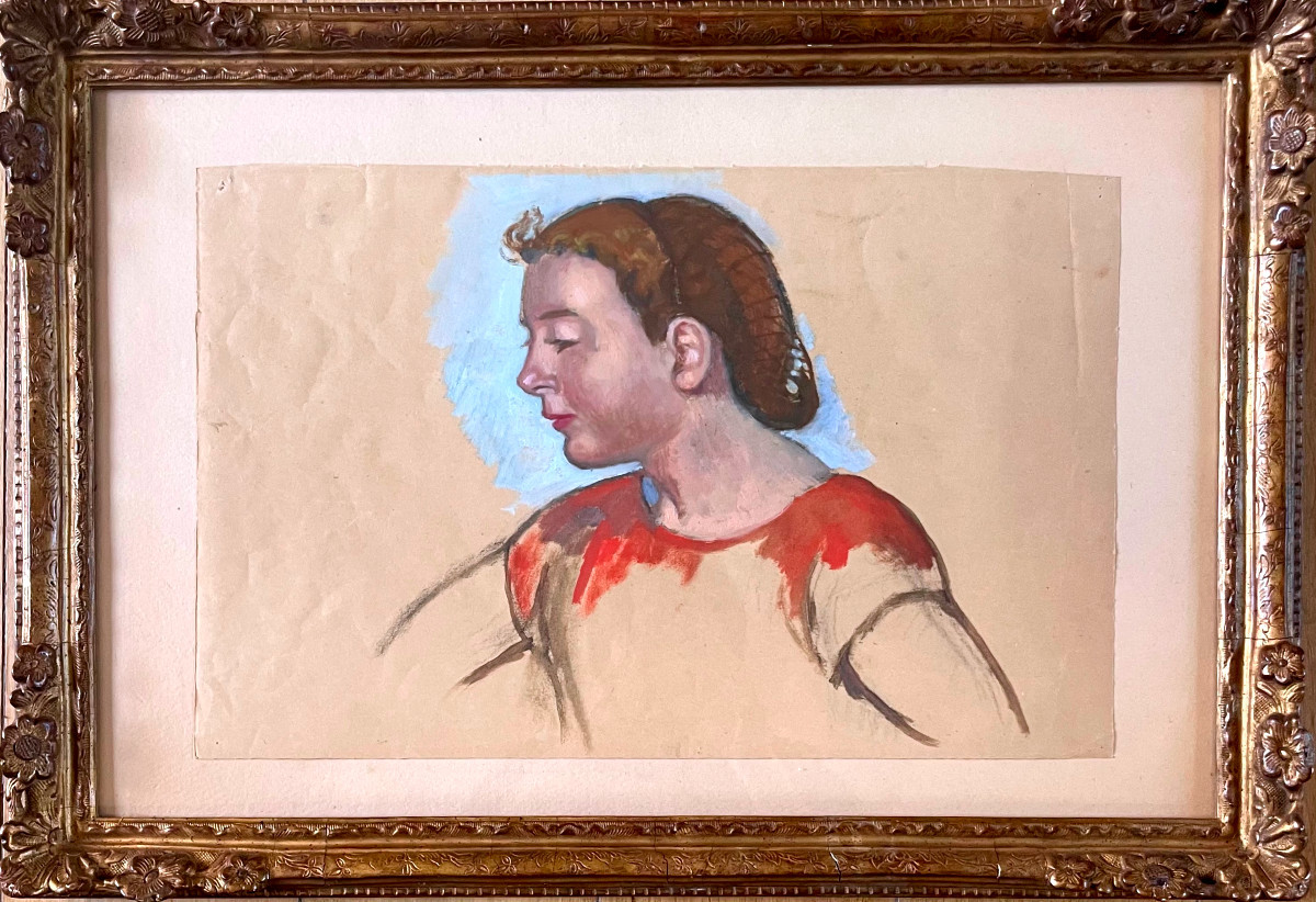 Maurice DENIS (1870 - 1943) Etude d'une Italienne de Profil, fusain et huile  sur papier 