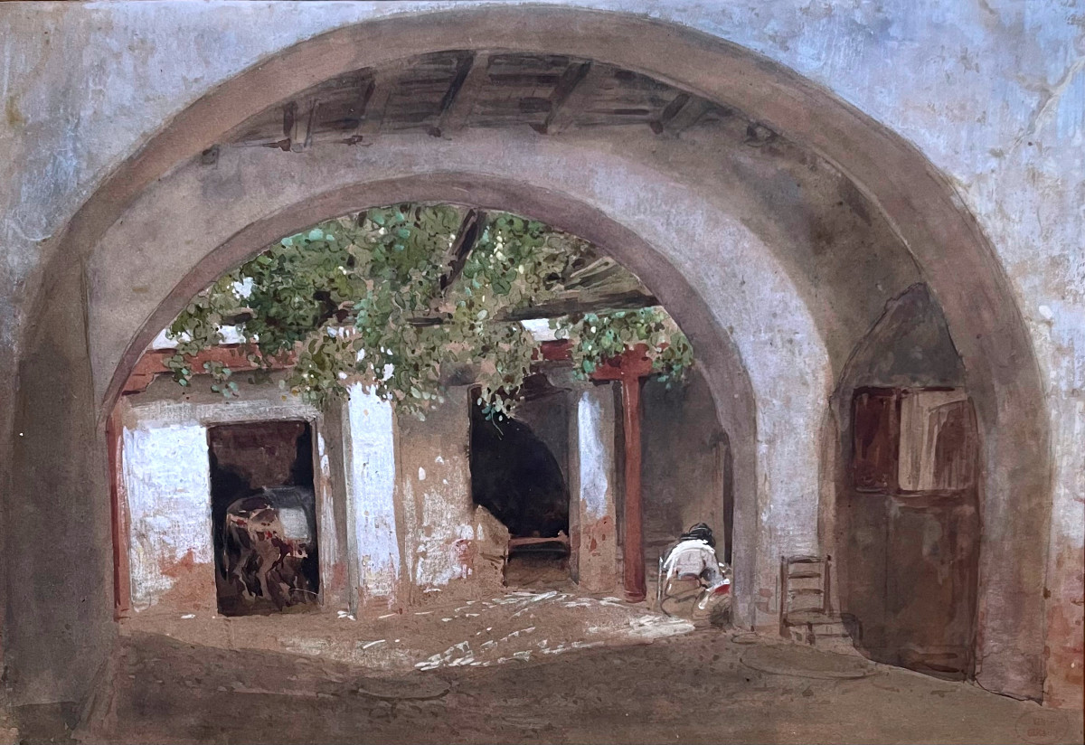 Eugène GIRAUD (1806-1881) Entrée d'une cour interieure en Espagne, Aquarelle et gouache-photo-2
