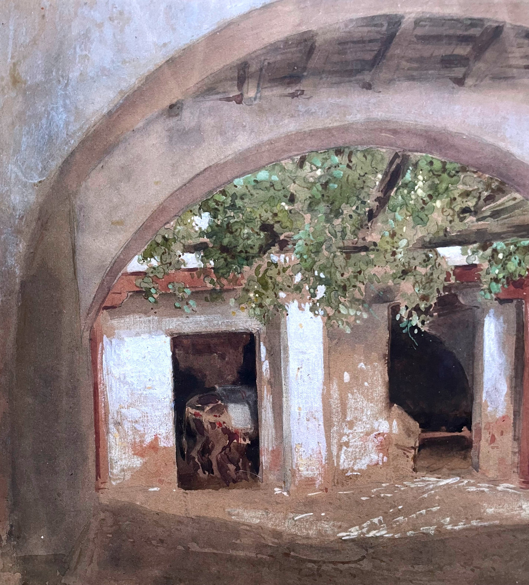 Eugène GIRAUD (1806-1881) Entrée d'une cour interieure en Espagne, Aquarelle et gouache-photo-2
