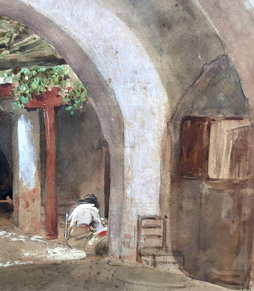 Eugène GIRAUD (1806-1881) Entrée d'une cour interieure en Espagne, Aquarelle et gouache-photo-3