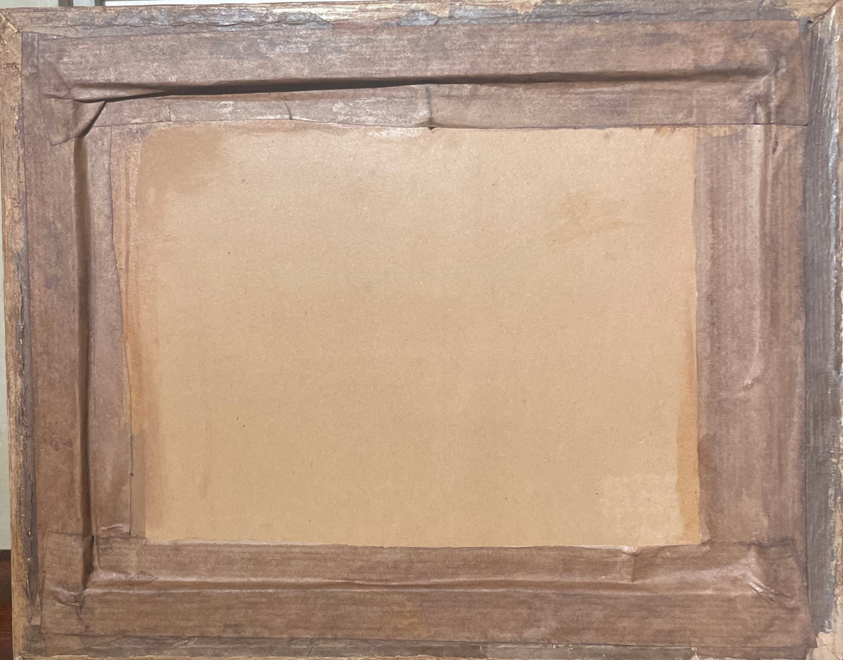 Ecole Pointillliste vers 1900, Bord de seine Huile sur carton, non signée, cadre Degas -photo-3