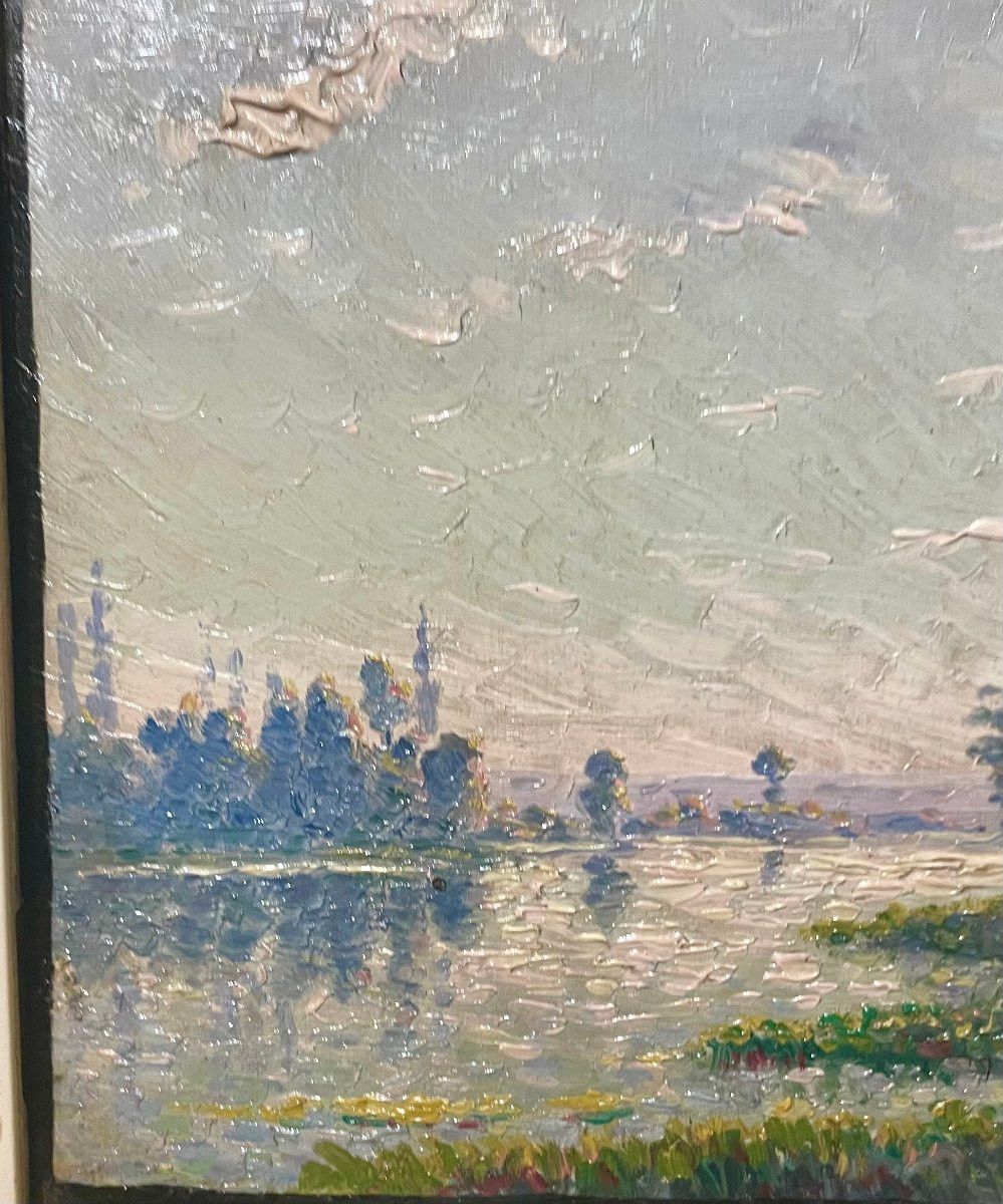 Ecole Pointillliste vers 1900, Bord de seine Huile sur carton, non signée, cadre Degas -photo-1