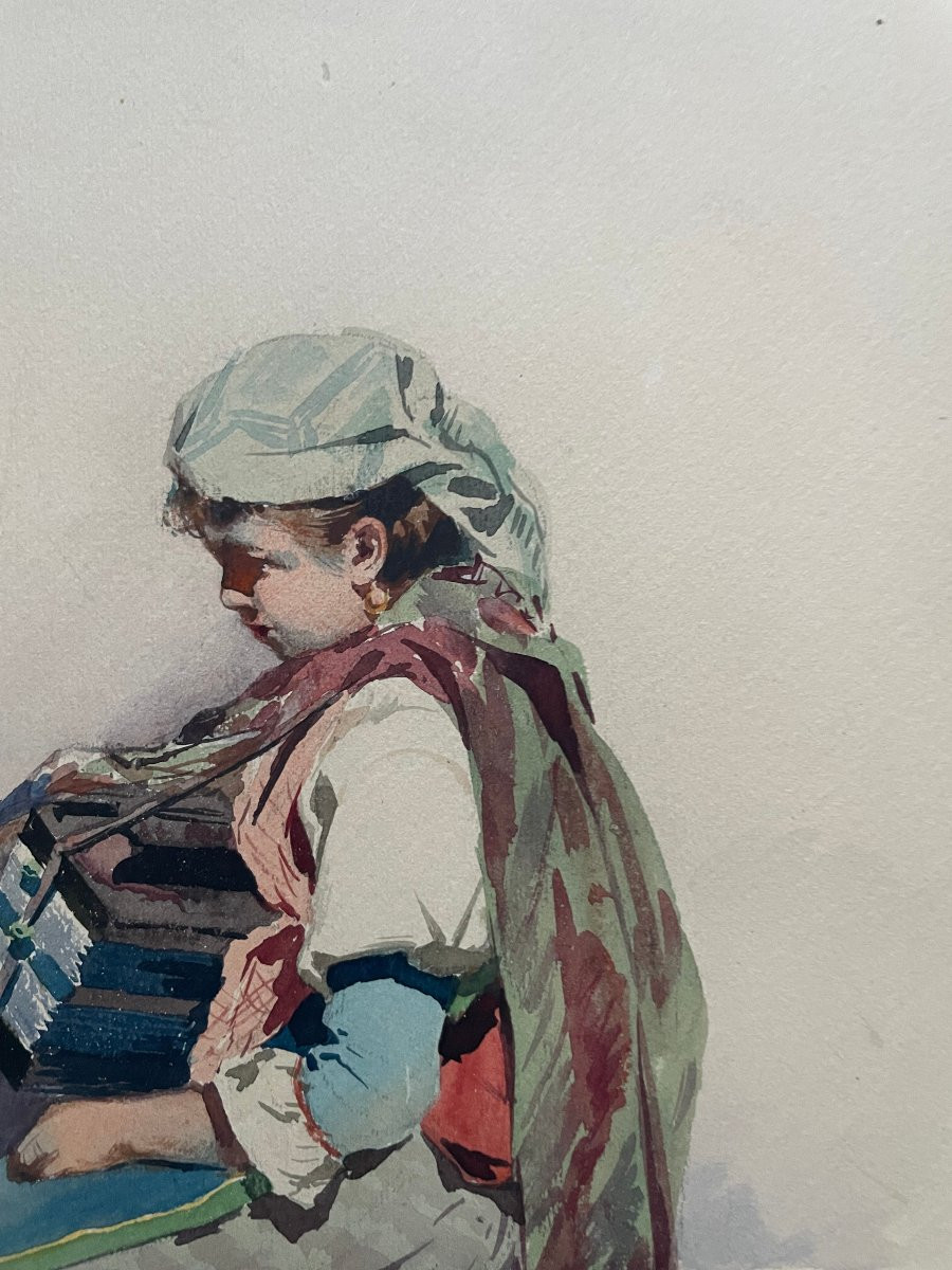 Gaston Bethune, Bohemian Woman With Accordion, Watercolor, Signed, Dated And Located Menton 1878-photo-2