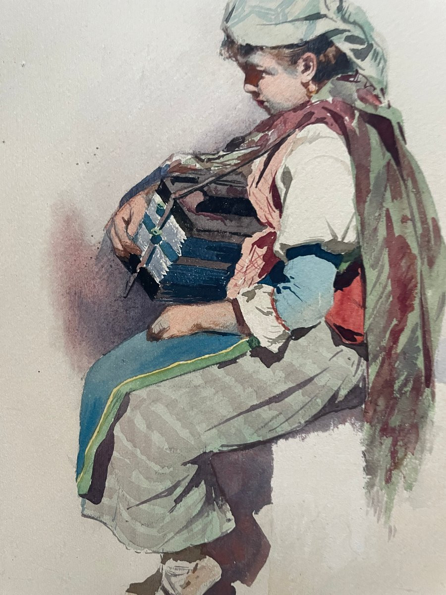 Gaston Bethune, Bohemian Woman With Accordion, Watercolor, Signed, Dated And Located Menton 1878-photo-3