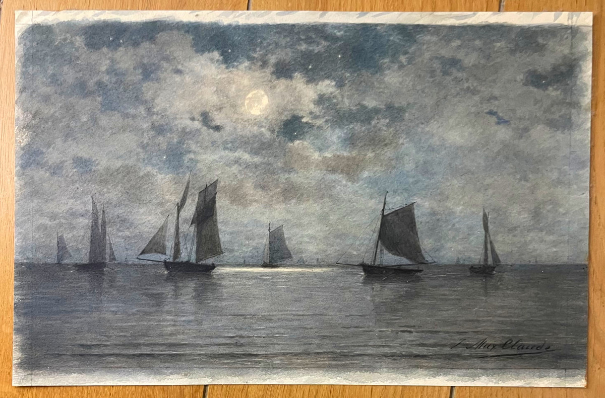 Jean Maxime CLAUDE (1824-1904) Marine au clair de lune, Aquarelle, Signée-photo-2