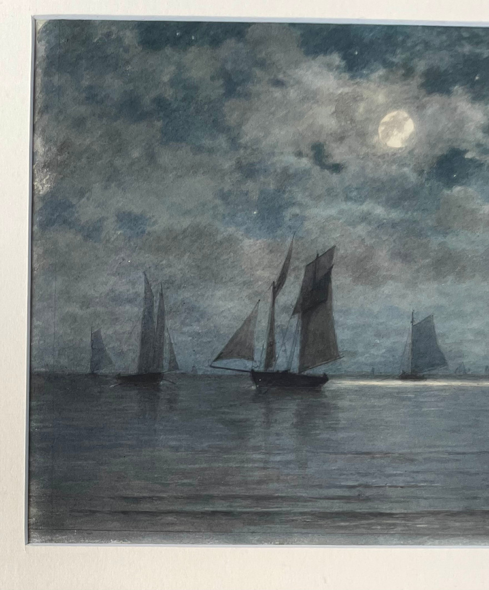 Jean Maxime CLAUDE (1824-1904) Marine au clair de lune, Aquarelle, Signée-photo-1