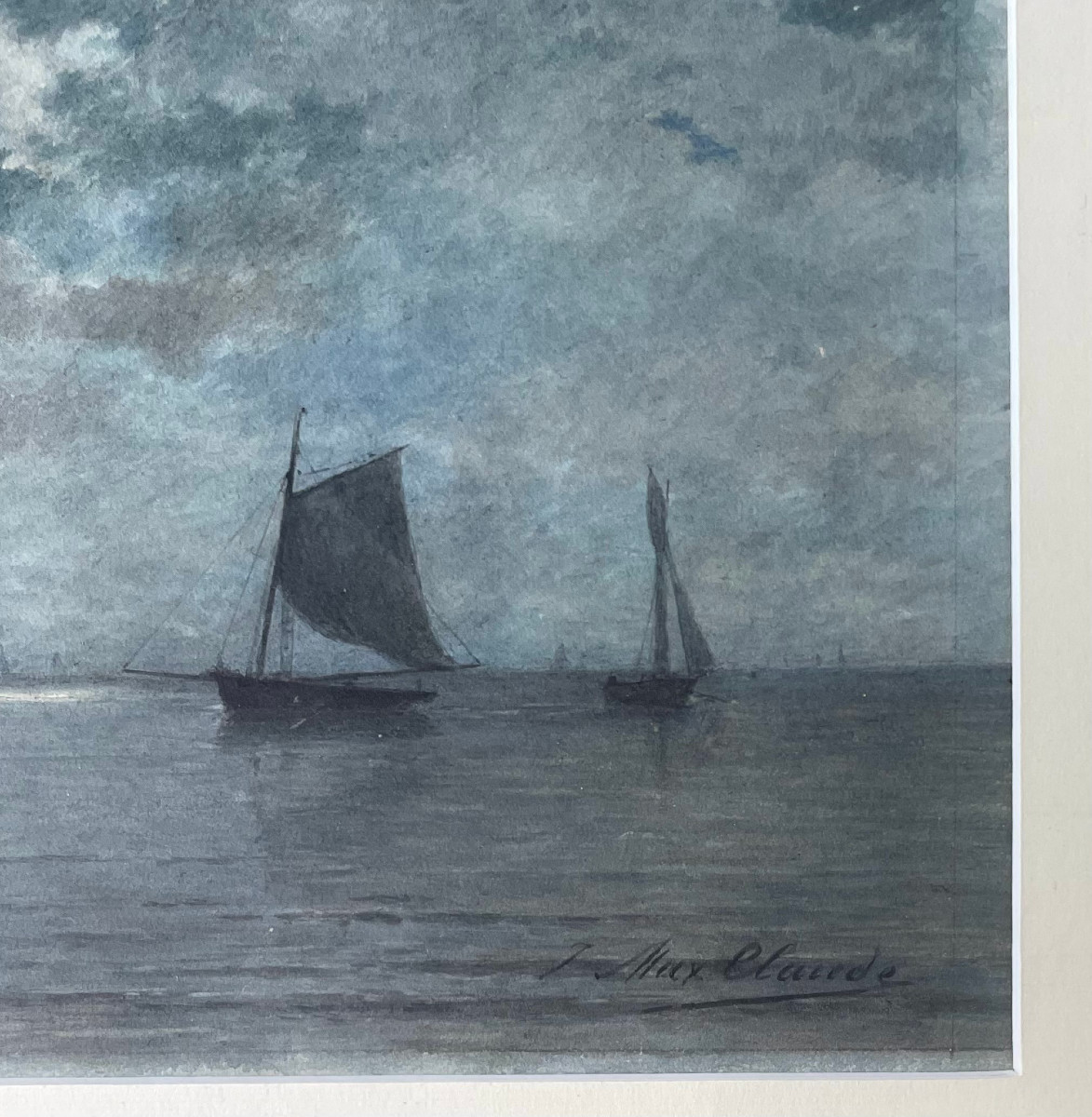 Jean Maxime CLAUDE (1824-1904) Marine au clair de lune, Aquarelle, Signée-photo-2