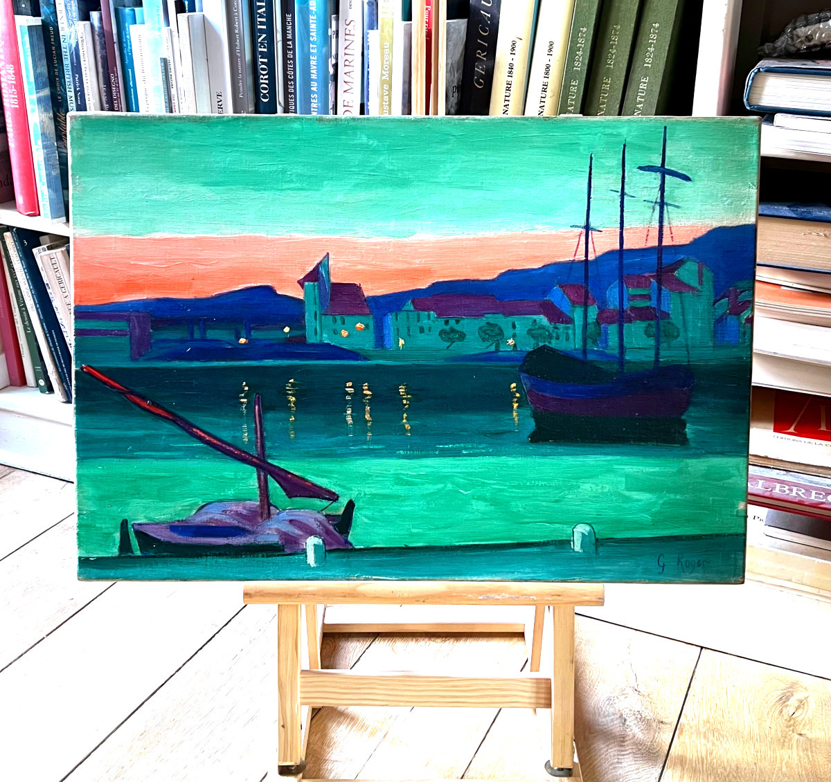 Guillaume Georges Roger (1867 - 1943) View At Twilight Of The Port Of Saint Mandrier, Signed Oil-photo-2