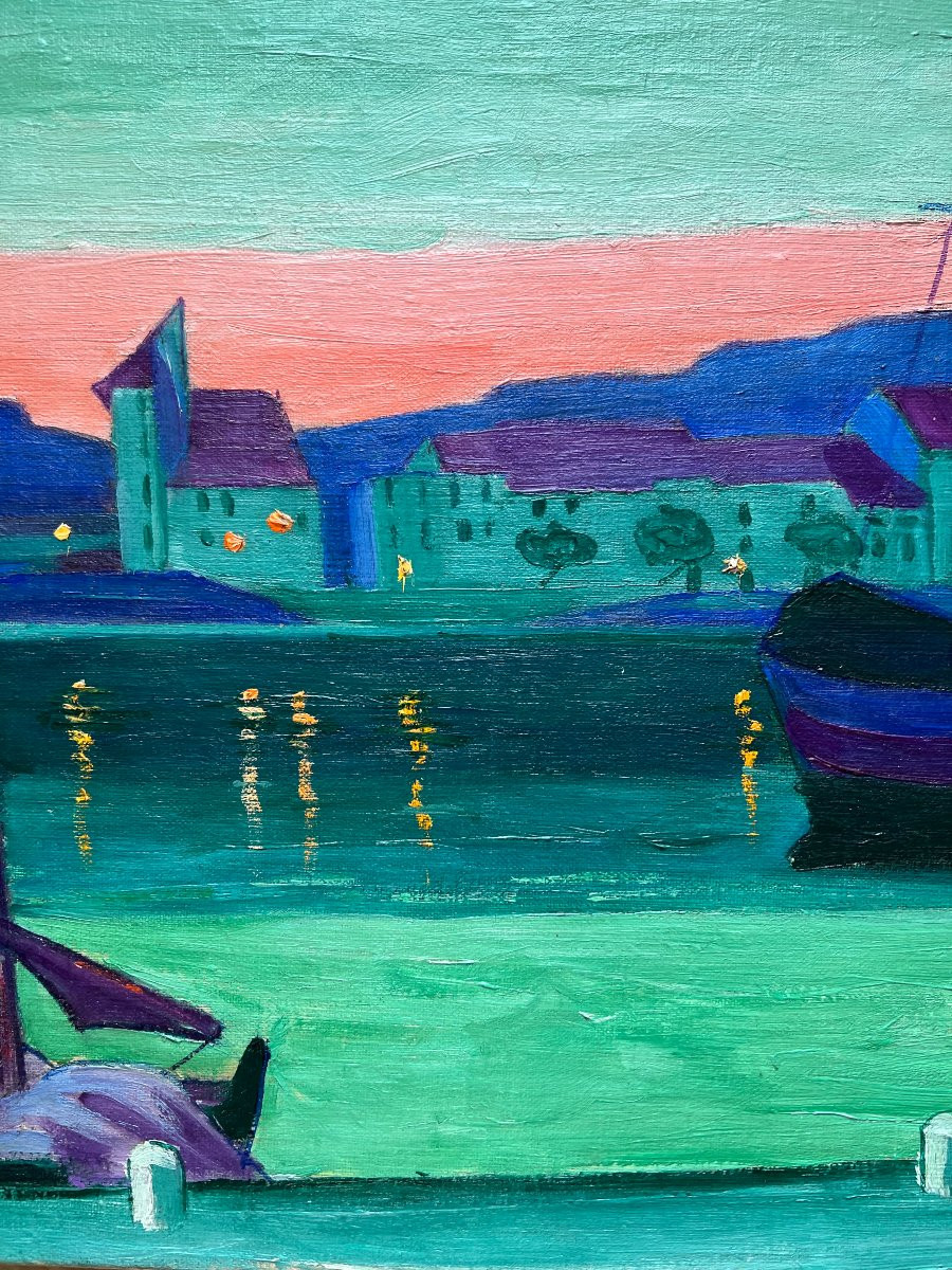 Guillaume Georges Roger (1867 - 1943) View At Twilight Of The Port Of Saint Mandrier, Signed Oil-photo-5