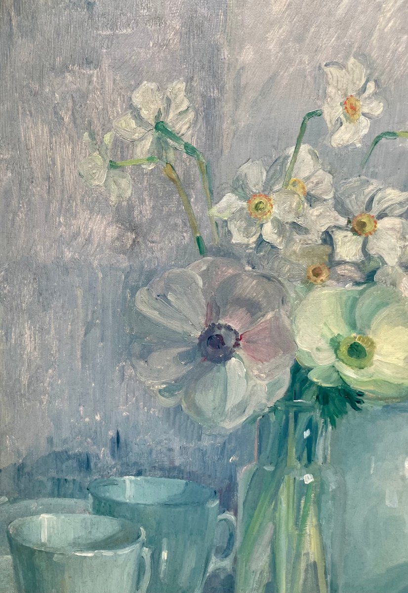 Adolphe Boigegrain (1870–1957) Still Life With Pansies And Glazed Stoneware, Hst, Signed-photo-1
