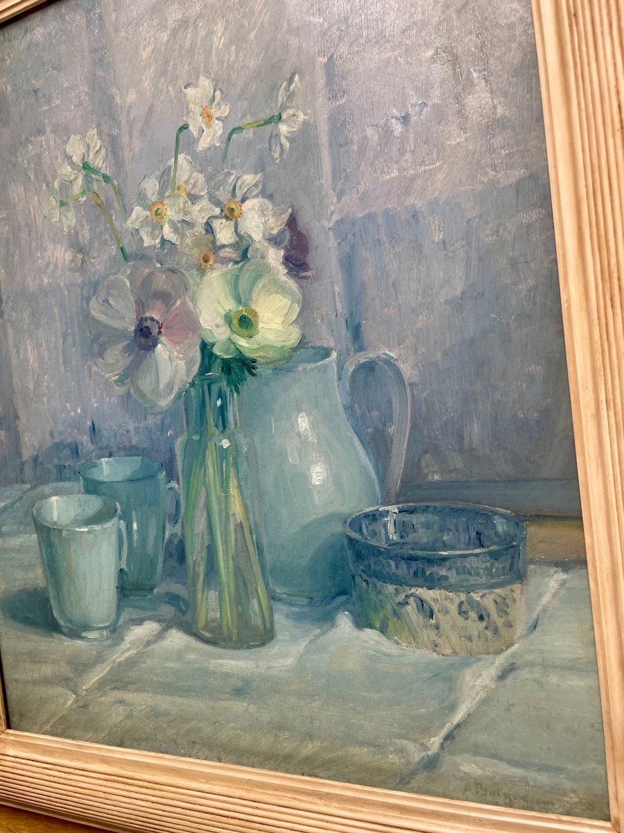 Adolphe Boigegrain (1870–1957) Still Life With Pansies And Glazed Stoneware, Hst, Signed-photo-2