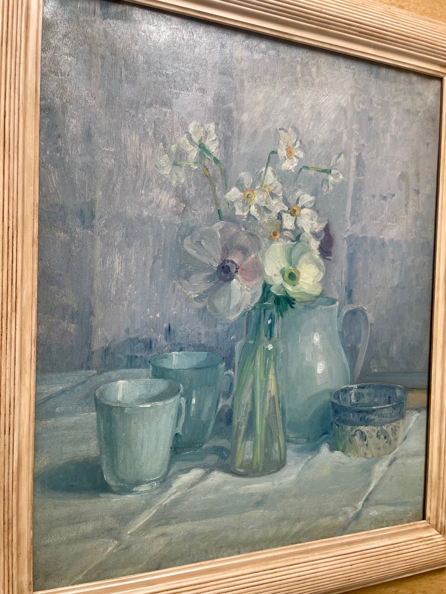 Adolphe Boigegrain (1870–1957) Still Life With Pansies And Glazed Stoneware, Hst, Signed-photo-3