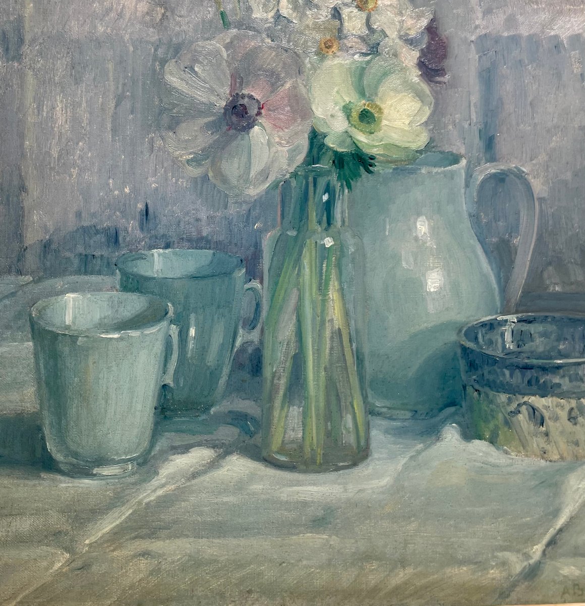 Adolphe Boigegrain (1870–1957) Still Life With Pansies And Glazed Stoneware, Hst, Signed-photo-4