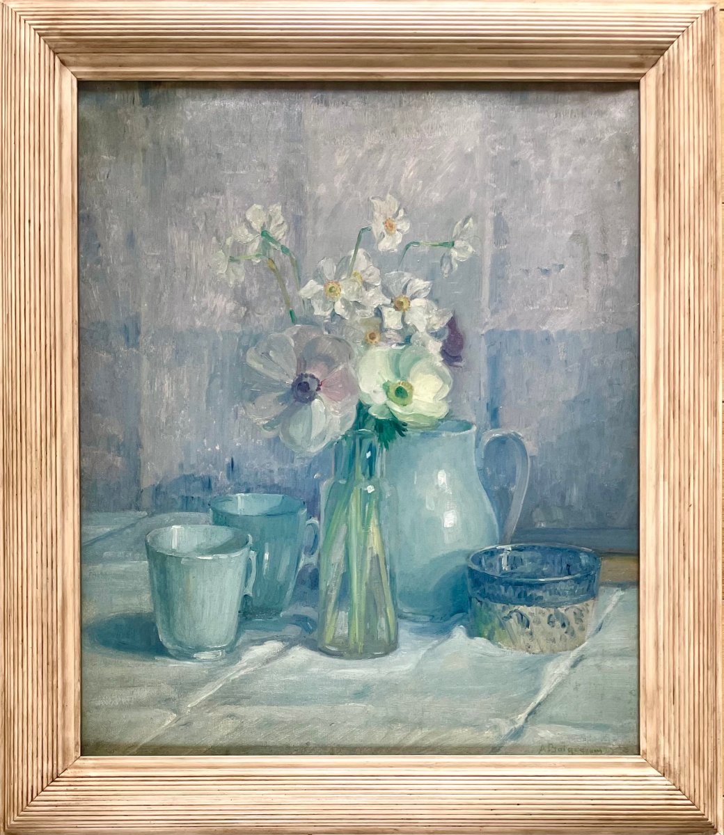 Adolphe Boigegrain (1870–1957) Still Life With Pansies And Glazed Stoneware, Hst, Signed
